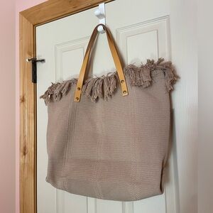 Woven boho brown large beach tote bag with fringe